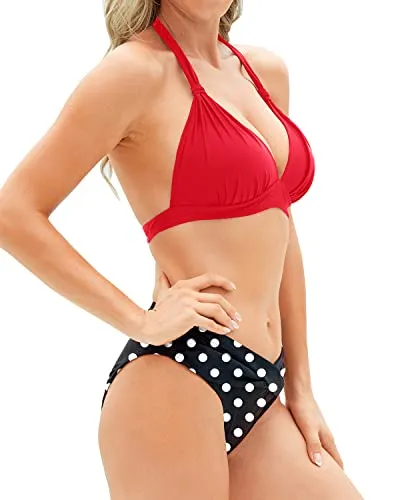 Two Piece Bikini Set Push Up Halter Swimsuit Vintage Swimwear-Red Dot