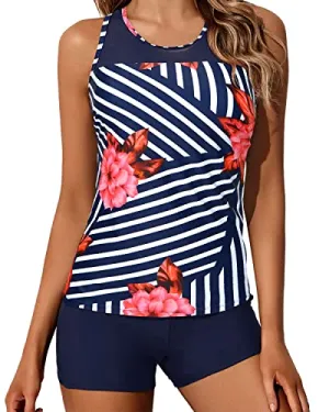 Two-Piece Racerback Tankini Swimwear Mid-Waist Shorts-Blue Floral