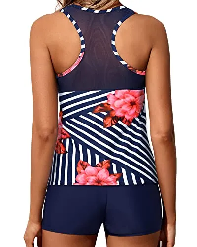 Two-Piece Racerback Tankini Swimwear Mid-Waist Shorts-Blue Floral