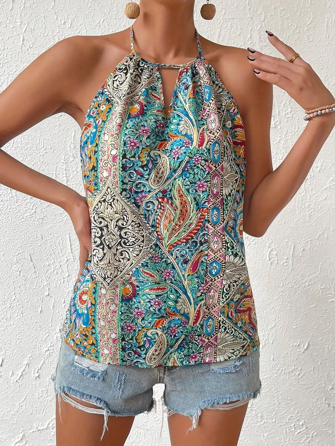 Vibrant Paisley Print Choker Neck Tie Blouse - Sleeveless, V-Neck, Relaxed Fit, Soft Fabric, Spring & Summer Essential - Women's Vacation Clothing for Warm Weather