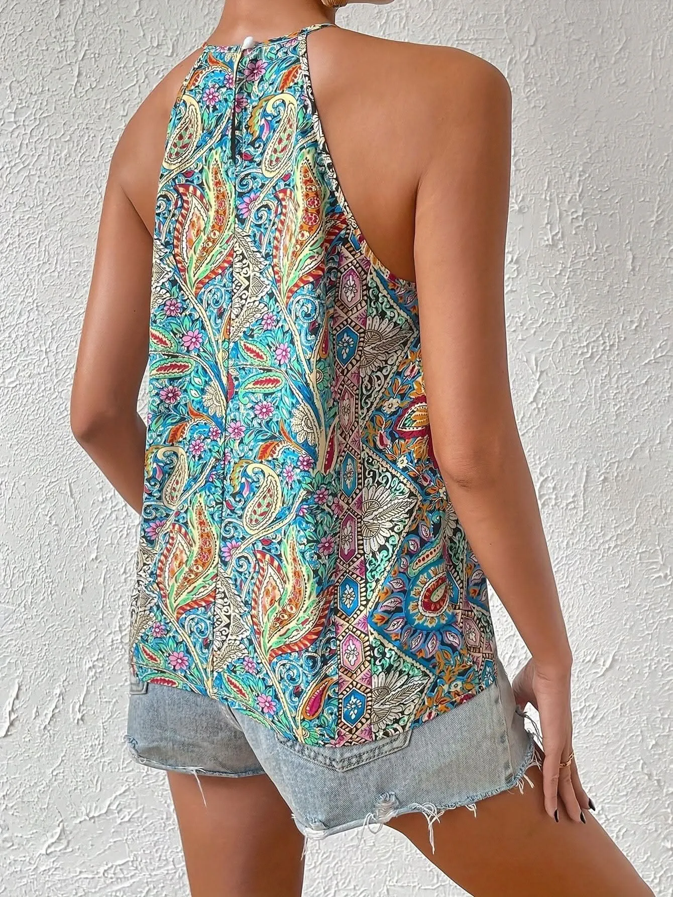 Vibrant Paisley Print Choker Neck Tie Blouse - Sleeveless, V-Neck, Relaxed Fit, Soft Fabric, Spring & Summer Essential - Women's Vacation Clothing for Warm Weather