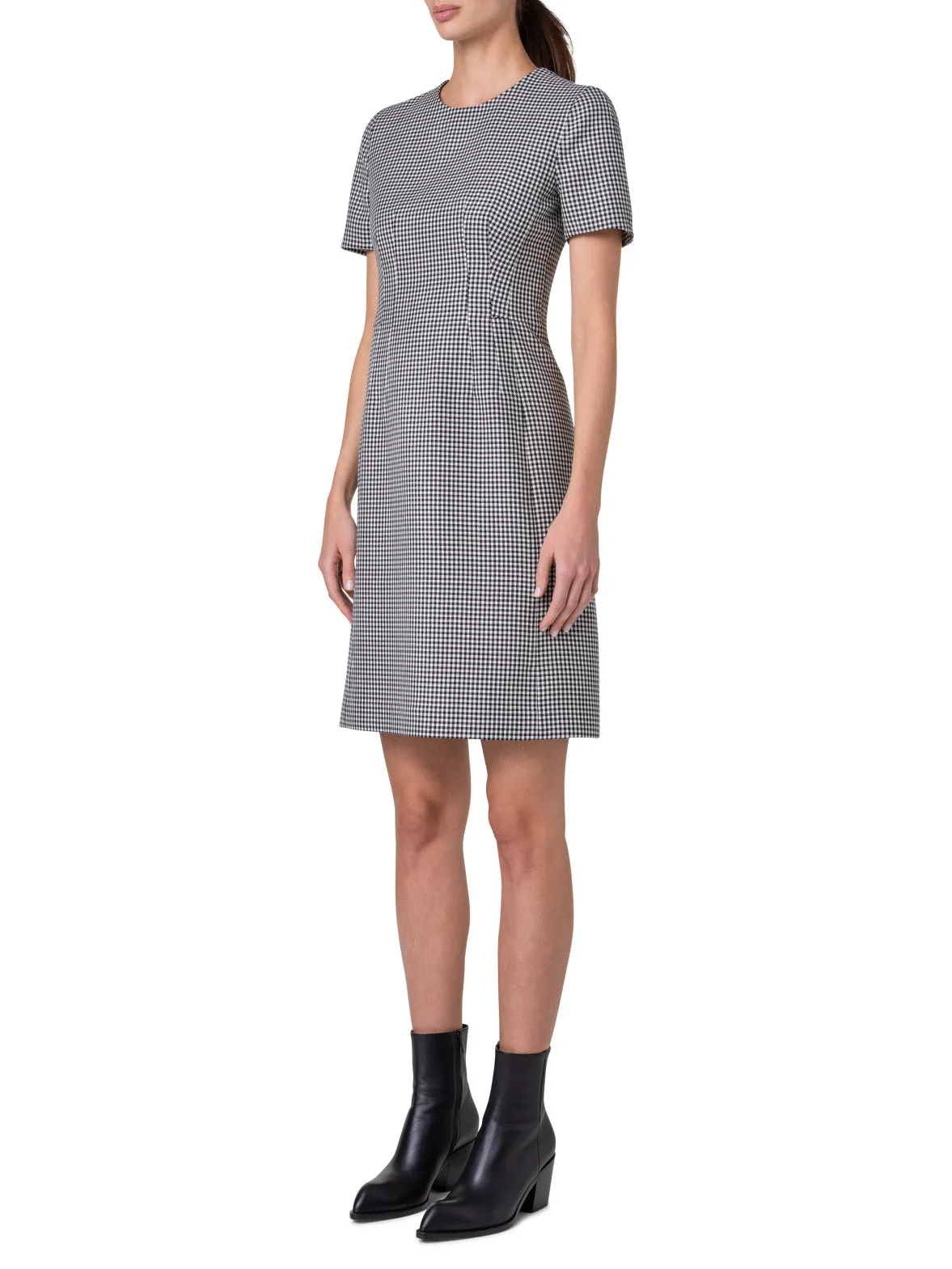 Vichy Pleated Sheath Dress in Wool Double-Face