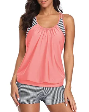 Women's Racerback Tankini Swim Tops Boy Shorts-Coral Pink Stripe