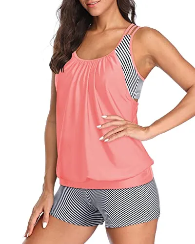 Women's Racerback Tankini Swim Tops Boy Shorts-Coral Pink Stripe