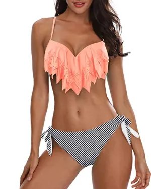 Womens Two Piece Swimsuit Push Up Underwire Cheeky Bikini Set-Coral Pink Stripe