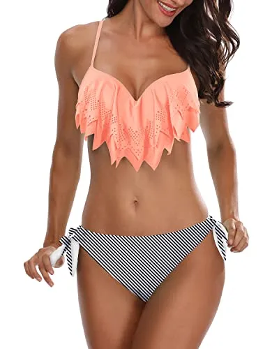 Womens Two Piece Swimsuit Push Up Underwire Cheeky Bikini Set-Coral Pink Stripe