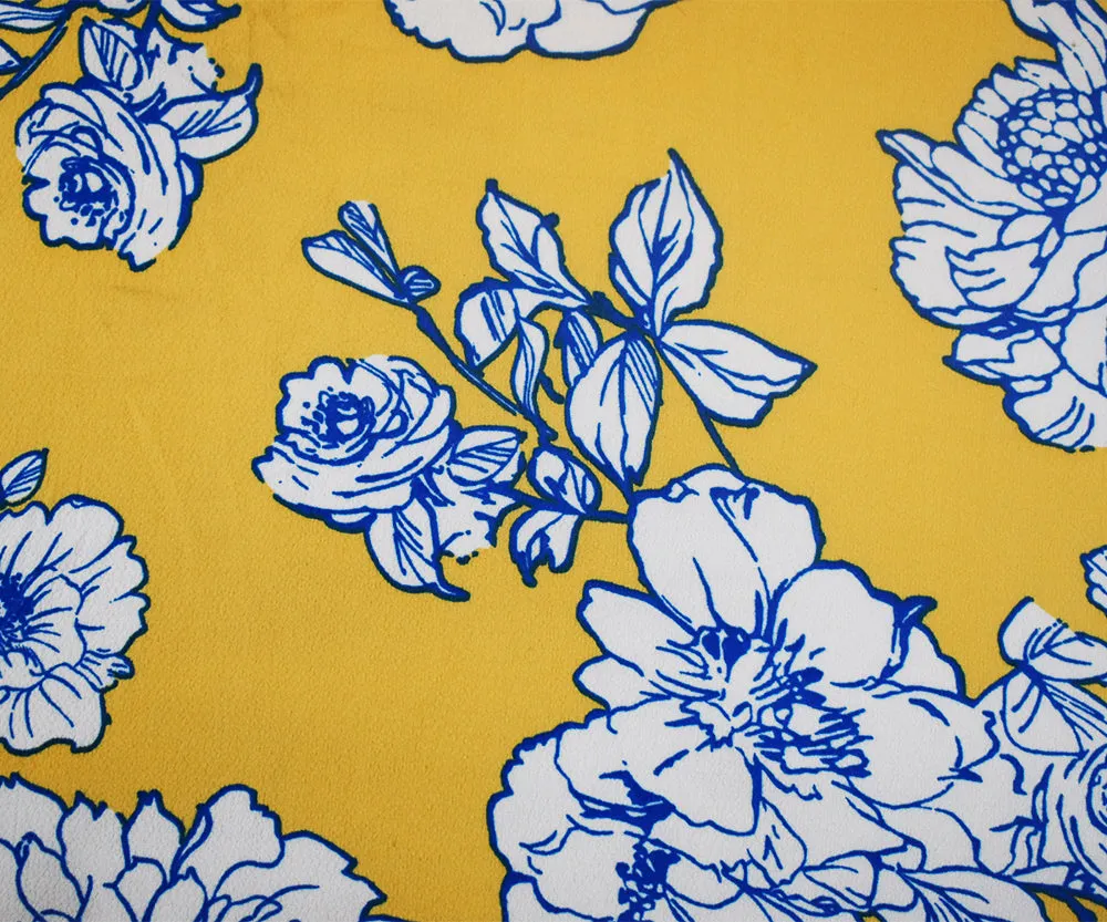 Yellow-White Floral Printed Stretch Poly Spandex Ghost Crepe Woven Fabric