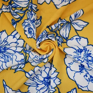 Yellow-White Floral Printed Stretch Poly Spandex Ghost Crepe Woven Fabric